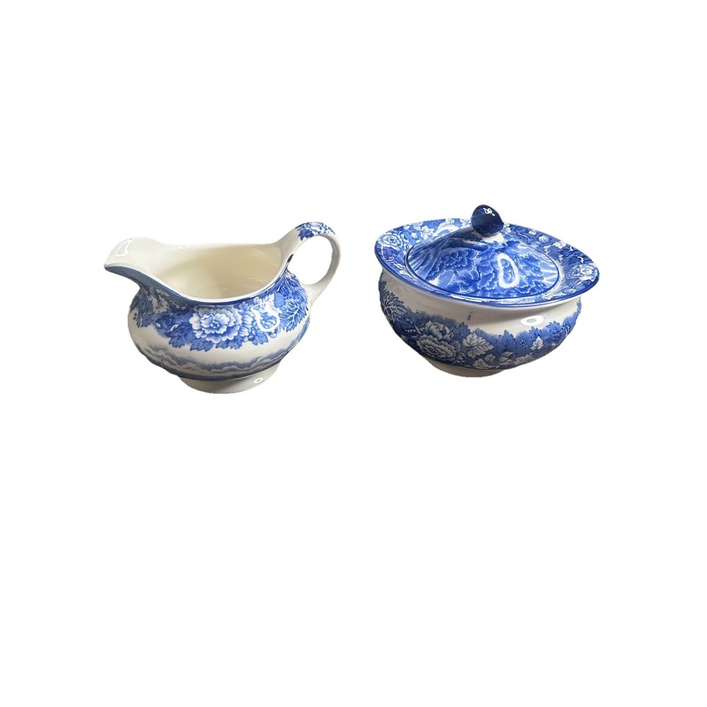 Vintage Enoch Woods English Scenery Blue White Sugar Bowl & Creamer Set